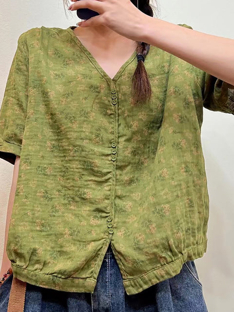 Plus Size Women Summer Floral Casual Button Loose Shirt