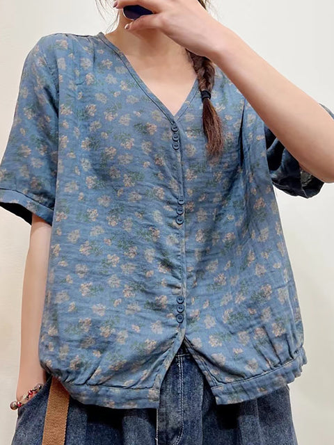 Plus Size Women Summer Floral Casual Button Loose Shirt