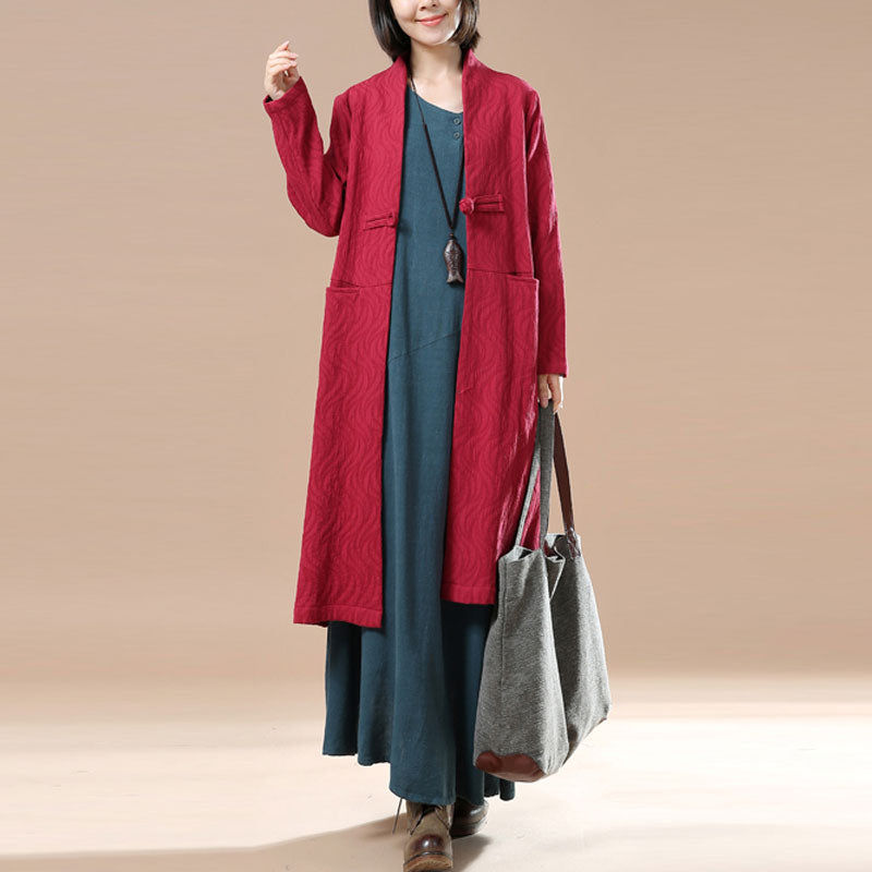 Chic Frog Stand Collar Long Sleeves Literature Red Autumn Women Dress - Buykud