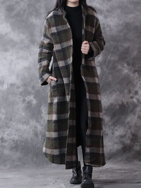 Plus Size Winter Small Collar Plaid Lattice Cashmere Coat