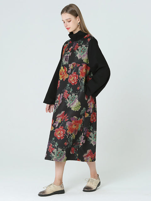 Robe printemps-hiver à manches longues et col roulé à imprimé floral de grande taille M-2XL