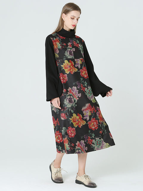 Plus Size Floral Prints Turtleneck Long Sleeve Spring Winter Dress M-2XL