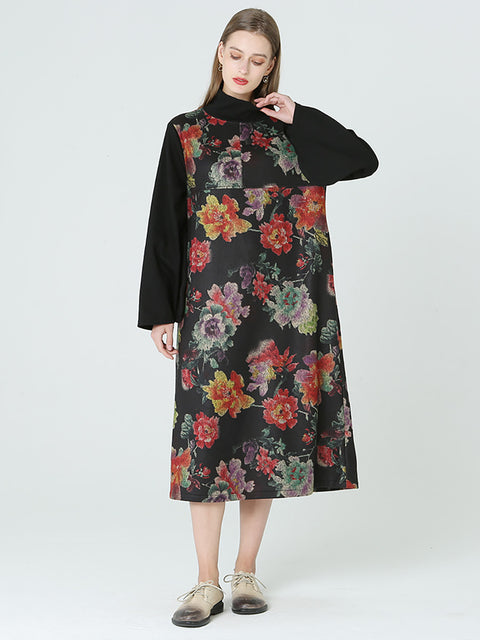 Robe printemps-hiver à manches longues et col roulé à imprimé floral de grande taille M-2XL