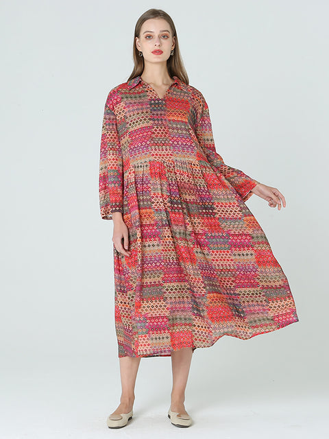 Robe Bohême de Printemps Imprimée de Grande Taille à Manches Longues