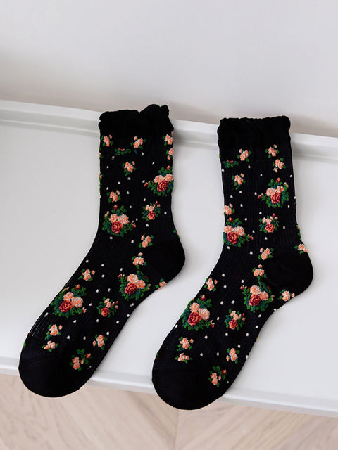 5 paires de chaussettes fines à fleurs vintage pour femmes