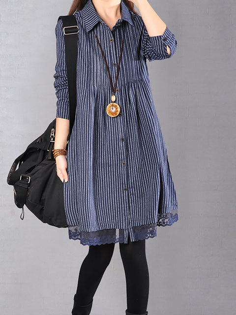 Plus Size Loose Cotton Linen Printing Lace Hem Dress