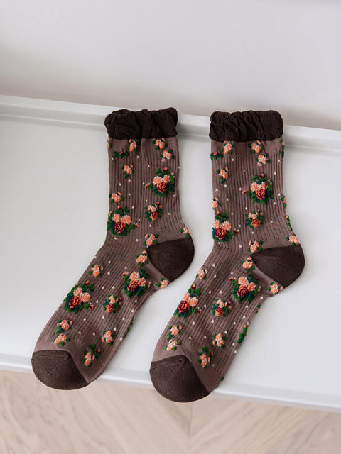 5 paires de chaussettes fines à fleurs vintage pour femmes