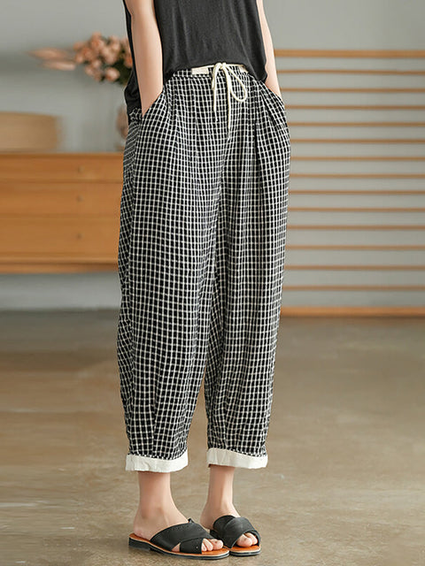 Plus Size Women Plaid Drawstring Pocket Casual Pants