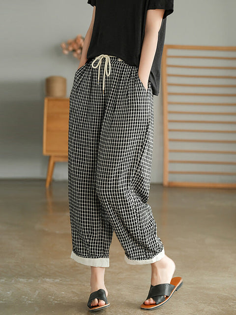 Plus Size Women Plaid Drawstring Pocket Casual Pants