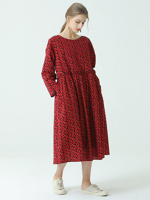 Robe Ample de Printemps en Coton Plissée à Imprimé Floral de Grande Taille