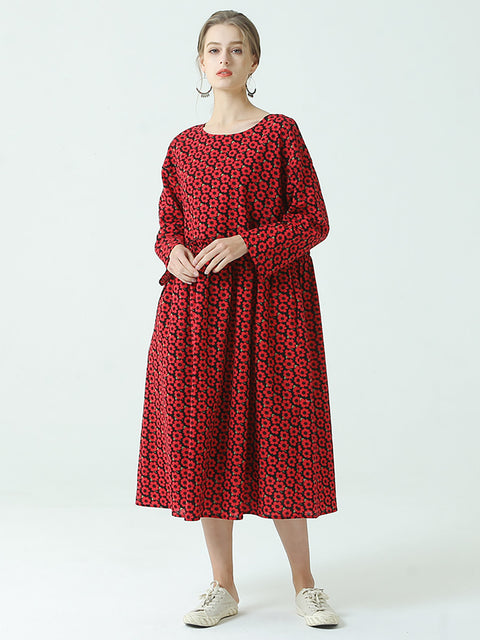 Robe Ample de Printemps en Coton Plissée à Imprimé Floral de Grande Taille