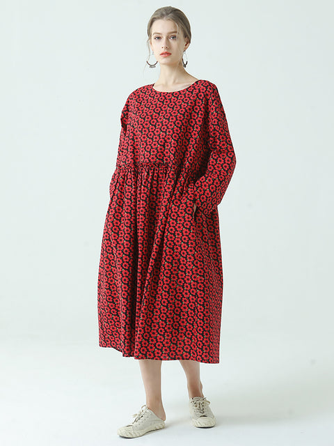 Robe Ample de Printemps en Coton Plissée à Imprimé Floral de Grande Taille