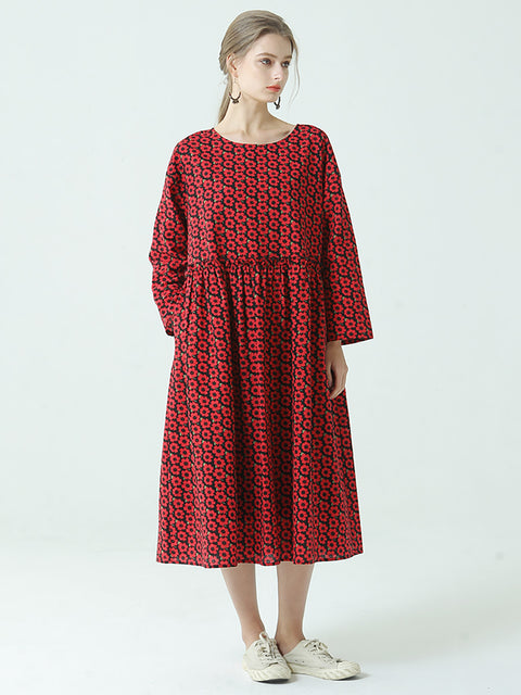 Robe Ample de Printemps en Coton Plissée à Imprimé Floral de Grande Taille