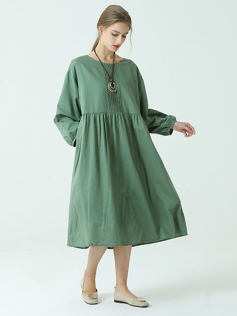 Plus Size Linen Cotton Pleated Spring Long Sleeve Dress