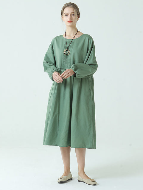 Robe de Printemps Plissée à Manches Longues en Lin et Coton de Grande Taille