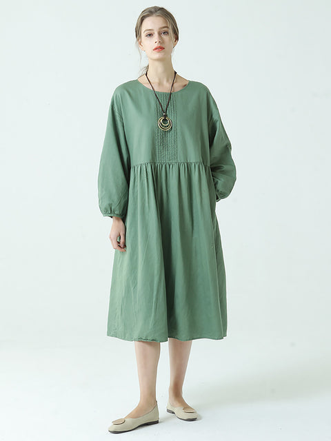 Robe de Printemps Plissée à Manches Longues en Lin et Coton de Grande Taille