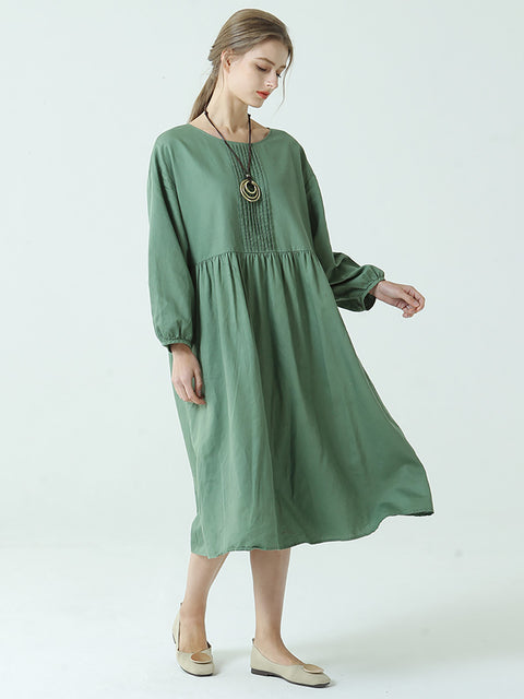 Robe de Printemps Plissée à Manches Longues en Lin et Coton de Grande Taille