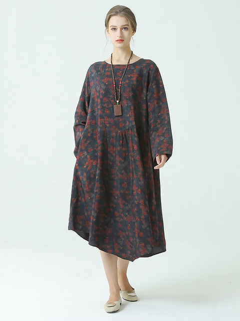 Robe ample plissée à imprimé floral de grande taille, col rond, printemps