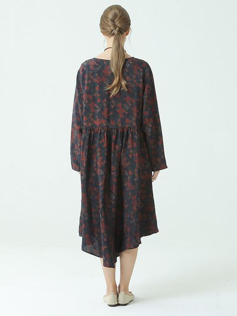 Robe ample plissée à imprimé floral de grande taille, col rond, printemps