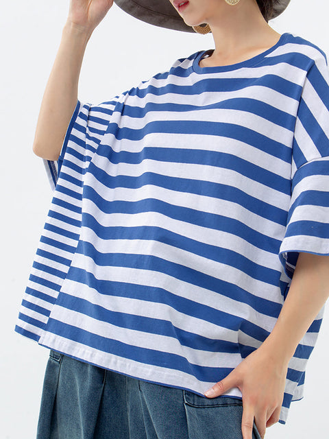 Plus Size - Buykud 100% Cotton Striped Casual T-Shirt