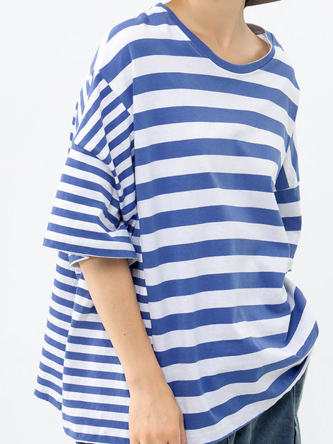 Plus Size - Buykud 100% Cotton Striped Casual T-Shirt