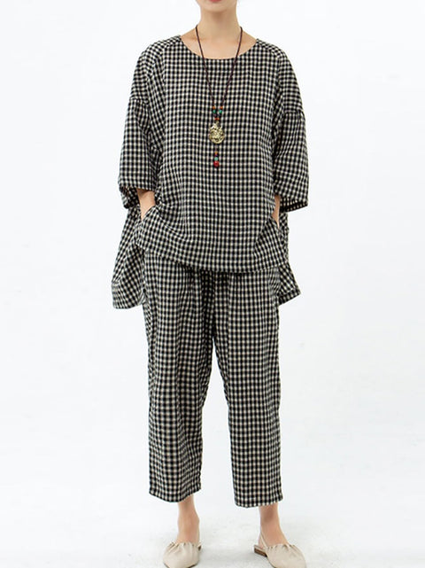 Plus Size Cotton Linen Plaid Retro Blouse And Pants