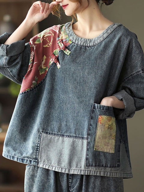 Sweat-shirt en denim à imprimé patchwork rétro pour femmes de grande taille