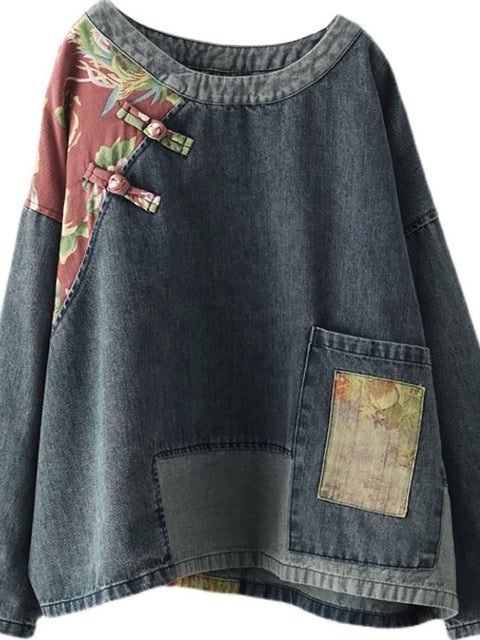 Sweat-shirt en denim à imprimé patchwork rétro pour femmes de grande taille