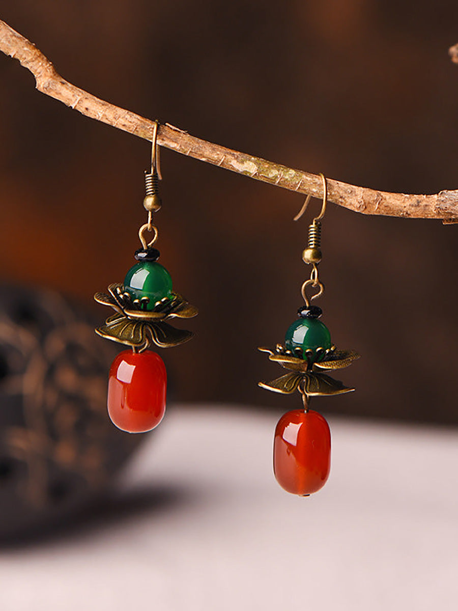 (2 paires) Boucles d'oreilles rétro en alliage avec fleur en agate rouge