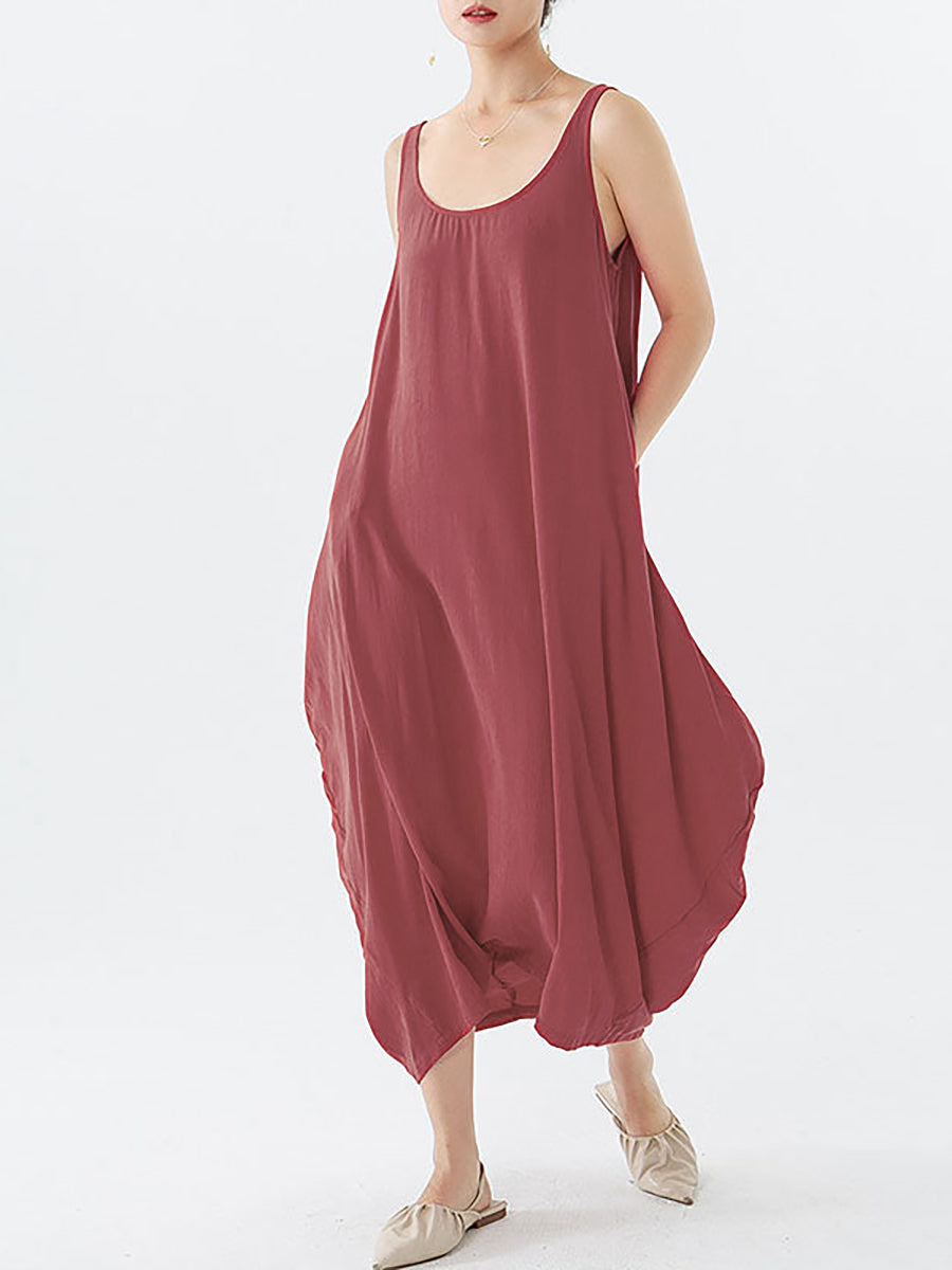 Robe longue décontractée plissée sans manches de couleur unie