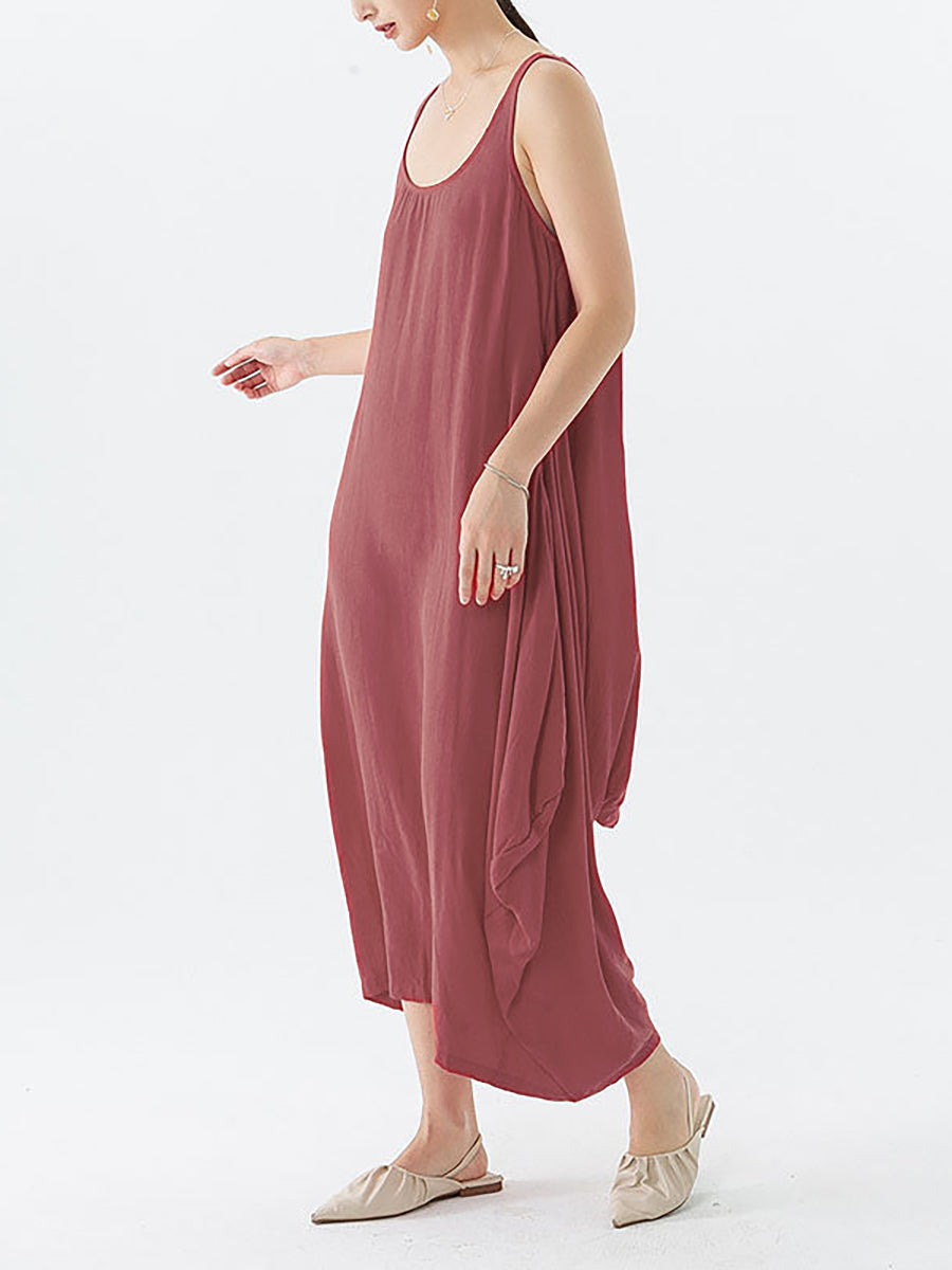 Robe longue décontractée plissée sans manches de couleur unie