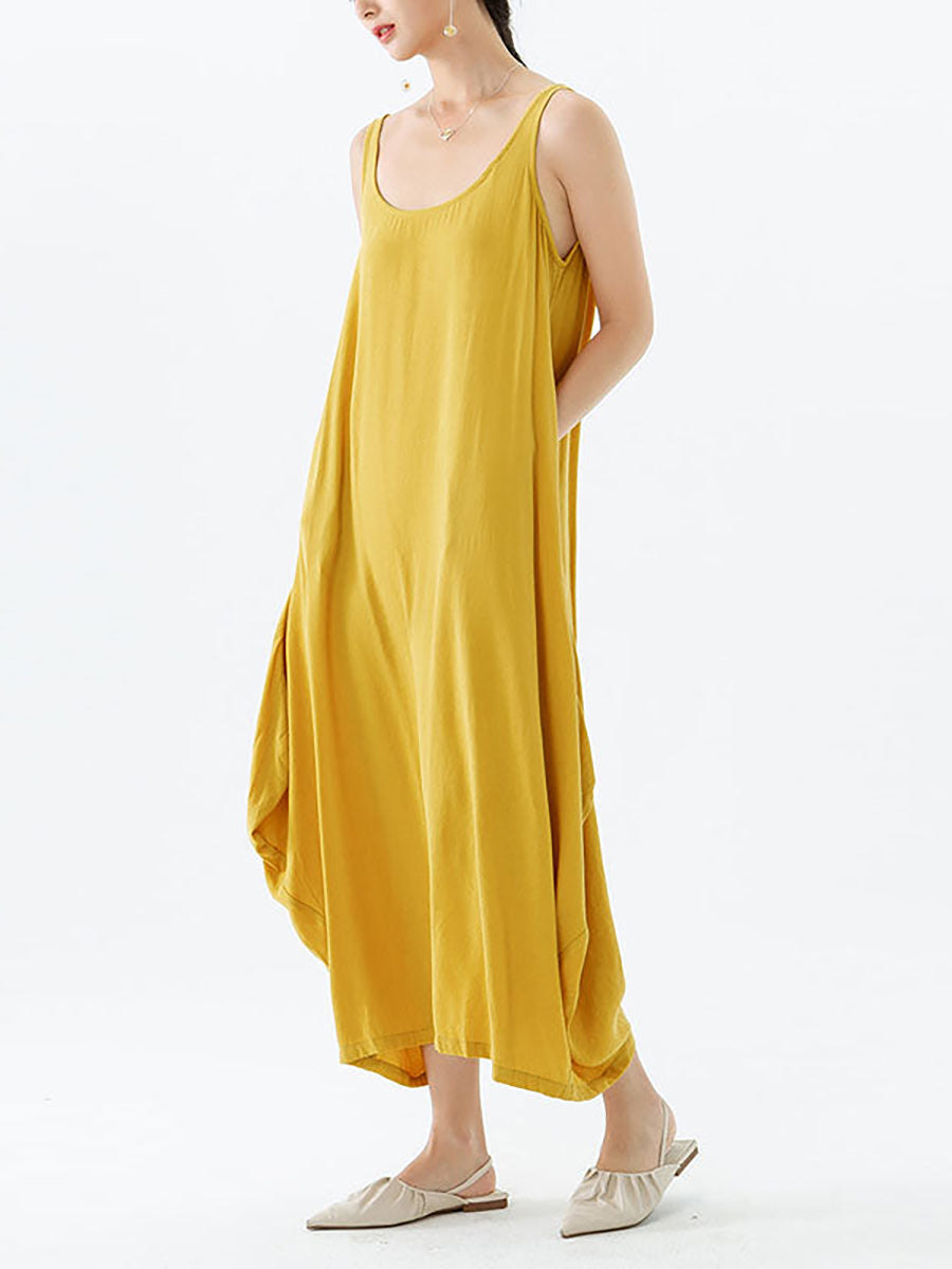 Robe longue décontractée plissée sans manches de couleur unie