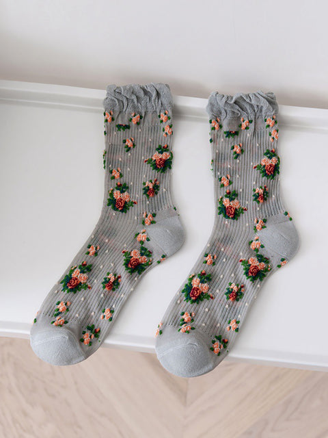 5 paires de chaussettes fines à fleurs vintage pour femmes