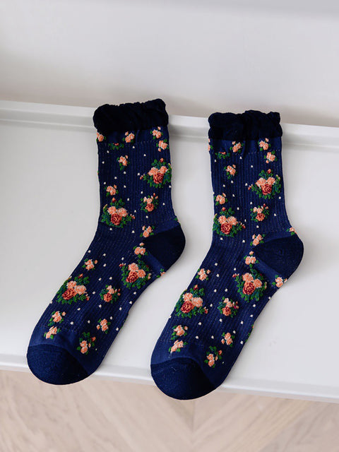 5 paires de chaussettes fines à fleurs vintage pour femmes